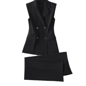 Women 2 Piece Blazer Outfits Sleeveless Blazer Vest Trouser Two Pieces Set Office Work Wear