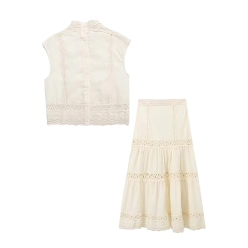 21cC7HnhCFL.jpg Women's 2-Piece Set Sleeveless Single-Breasted Top+Hollow High Street Lace Crochet Skirt