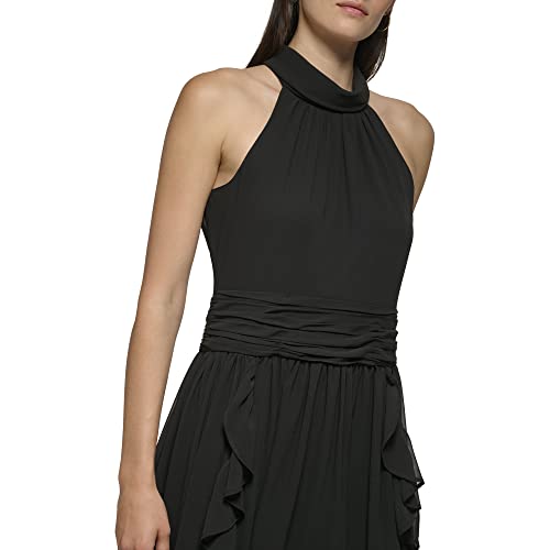 Paris Women's Chiffon High-Low Maxi Dress with Ruffle Skirt and Mock Neck