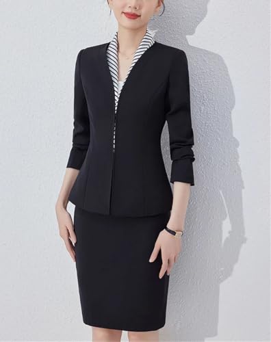 Women Long Sleeve Slim Fit Suit Jacket Midi Wrap Hip Pencil Skirt 2 Piece Sets Business Casual Sutis