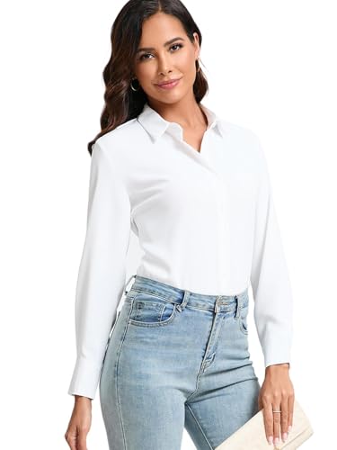 Womens Stretch Button Down Shirt Long Sleeve Wrinkle-Free Lightweight Smooth Loose Casual Office Work Shirts