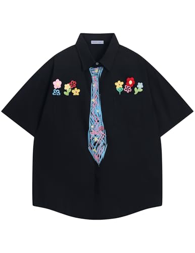 Men's Button Down Shirts Handcrafted Floral Short Sleeve Shirt Graffiti Necktie Casual Shirts Summer Beach Tops