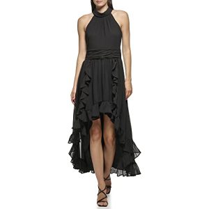 Paris Women's Chiffon High-Low Maxi Dress with Ruffle Skirt and Mock Neck