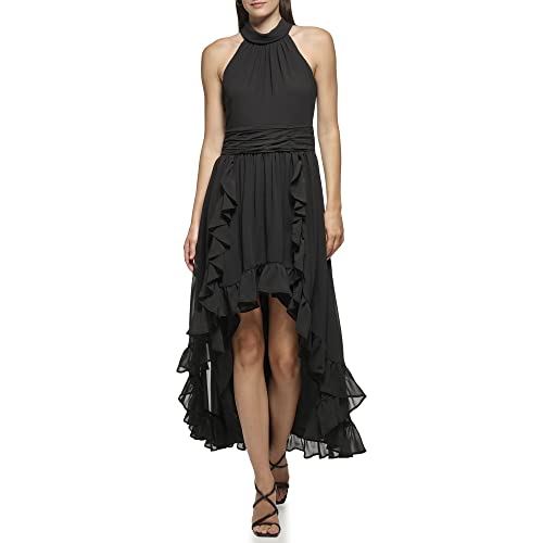 Paris Women's Chiffon High-Low Maxi Dress with Ruffle Skirt and Mock Neck