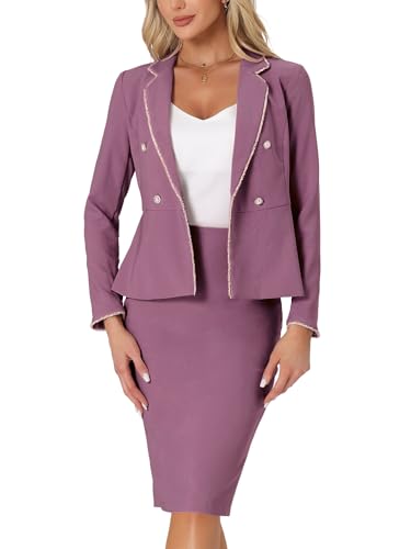 Women's Two Piece Skirt Sets Tweed Trim Blazer Knee Length Work Pencil Skirt Business Suits Office Outfits
