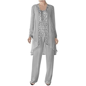 3 Pcs Mother of Bride Pants Suits Sets Women Plus Size Chiffon Long Sleeve Jacket Vest Pants Suits