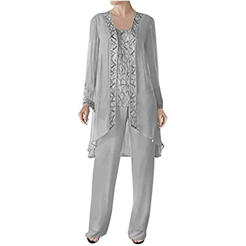3 Pcs Mother of Bride Pants Suits Sets Women Plus Size Chiffon Long Sleeve Jacket Vest Pants Suits