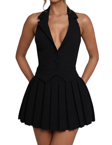 Women's 2 Piece Sets for Women Button Down A-Line V Neck Sleeveless Blazer Vest and Mini Pleated Skirt Set