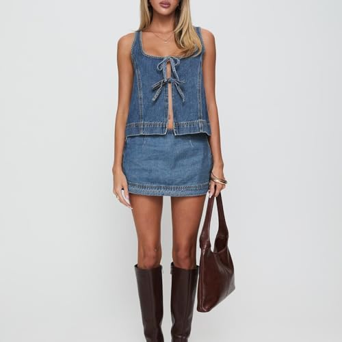 31DfLKxQCML.jpg Women's 2 Piece Denim Outfits Tie Up Sleeveless Top Shorts Set Tracksuit Y2k Two Piece Jeans Set Vacation Outfits