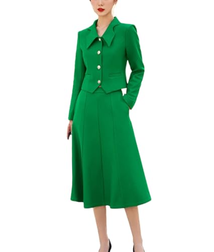 Women Spring Skirt Sets Solid Long Sleeve Lapel Collar Short Coat Big Swing A-Line Skirt 2 Piece Suits