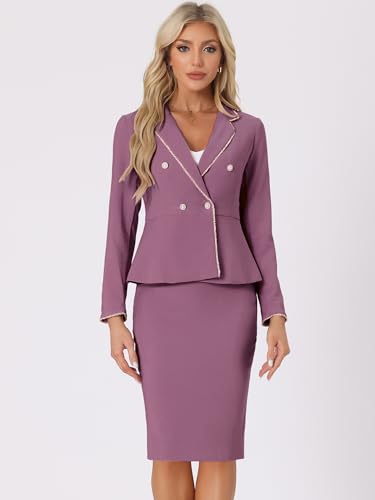 Women's Two Piece Skirt Sets Tweed Trim Blazer Knee Length Work Pencil Skirt Business Suits Office Outfits