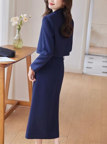 Women Solid Long Sleeve Notch Collar Cropped Jacket High Waist Split Straight Pencil Skirt 2 Piece Suits Sets
