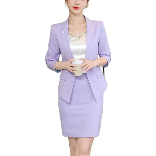 Women Pink Business Suit Long Sleeve Blazers Skirt Office Work Wear Elegant Career Two Piece Set