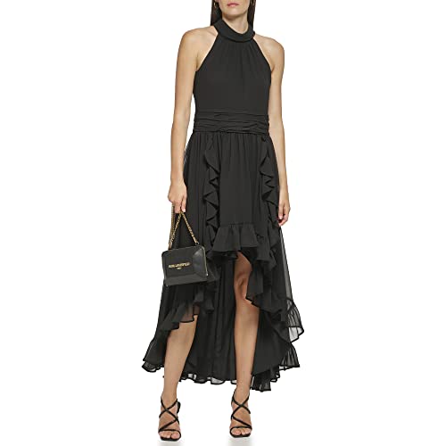Paris Women's Chiffon High-Low Maxi Dress with Ruffle Skirt and Mock Neck