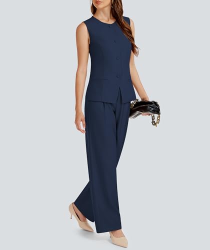 Women's Summer 2 Piece Blazer Outfits Sleeveless Crewneck Vest Wide Leg Pantsuit 2025 Dressy Casual Work Sets