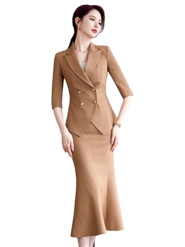 Women's Spring and Summer Solid Lapel Double-Breasted Half-Sleeved Suit Skirt Set