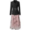 Women Suit Long-Sleeve Double Breasted Notched Tops Embroidery Skirt 2 Piece Set