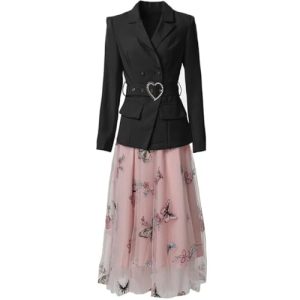 Women Suit Long-Sleeve Double Breasted Notched Tops Embroidery Skirt 2 Piece Set