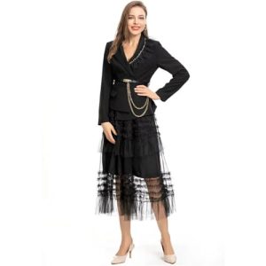 Women Black Skirts Suit Long Sleeve Sashes Blazer Mesh Long Skirts 2 Pieces Set