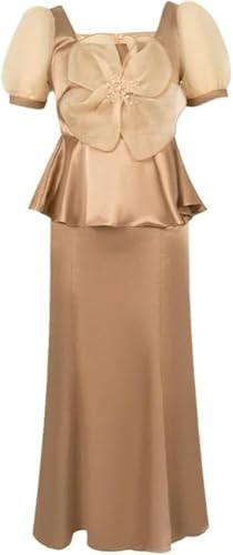 Satin 2 Piece Outfit Women Elegant Corset Top High Waist Fishtail Skirt Set Long Blouse Shirt Evening Dress Suit