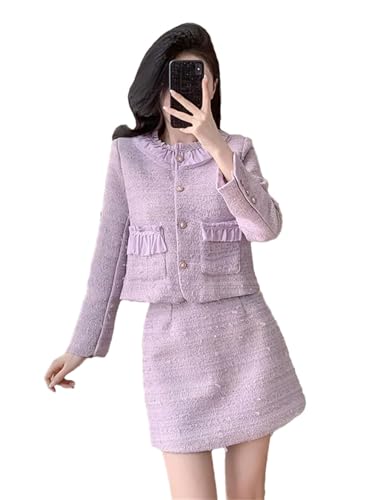 Women Fashion Small Fragrant Tweed Two Piece Set Jacket Coat Mini Skirt Suit French Elegant 2 Piece Outfits