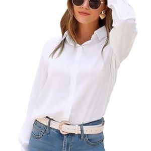 Womens Stretch Button Down Shirt Long Sleeve Wrinkle-Free Lightweight Smooth Loose Casual Office Work Shirts
