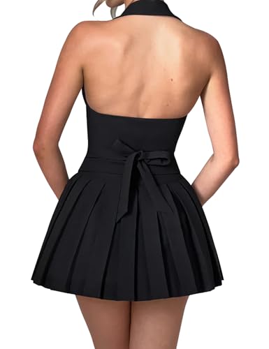 Women's 2 Piece Sets for Women Button Down A-Line V Neck Sleeveless Blazer Vest and Mini Pleated Skirt Set