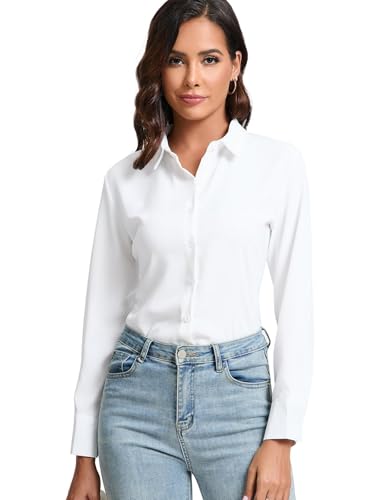Womens Stretch Button Down Shirt Long Sleeve Wrinkle-Free Lightweight Smooth Loose Casual Office Work Shirts
