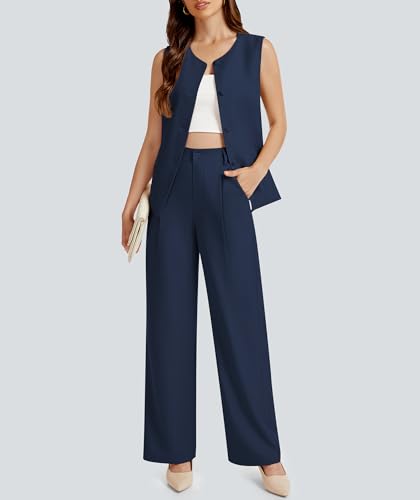 Women's Summer 2 Piece Blazer Outfits Sleeveless Crewneck Vest Wide Leg Pantsuit 2025 Dressy Casual Work Sets