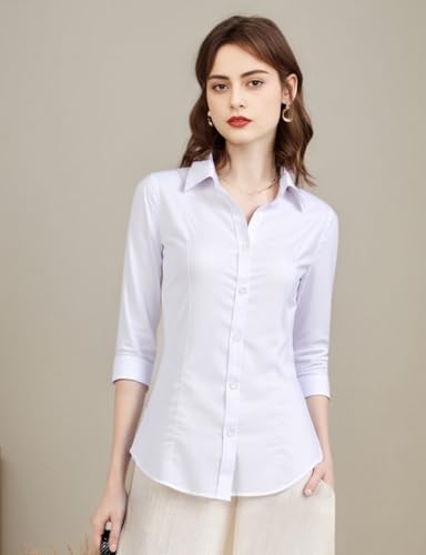 Women's 3/4 Sleeve Formal Work Wear White Button Down Shirt