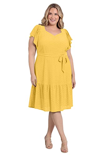 Women's Knit Eyelet Flutter Sleeve Belted Tiered Midi Dress Office Career Garden Party Day Guest of