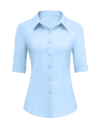 Womens Button Down Shirts 3/4 Sleeve Dress Blouses Business Casual Collared Oxford Tops