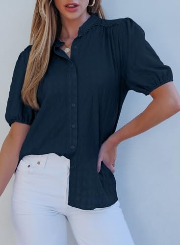 Womens Button Down Shirts Cute Short Puff Sleeve V Neck Tops Spring Summer Blouses for Women Dressy Casual