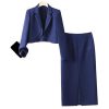 Women Solid Long Sleeve Notch Collar Cropped Jacket High Waist Split Straight Pencil Skirt 2 Piece Suits Sets
