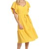 Women's Knit Eyelet Flutter Sleeve Belted Tiered Midi Dress Office Career Garden Party Day Guest of