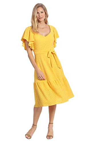 Women's Knit Eyelet Flutter Sleeve Belted Tiered Midi Dress Office Career Garden Party Day Guest of