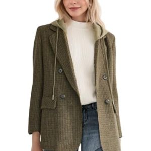 2025 Women's Spring Hooded Blazer Jacket Double-Breasted Oversize Loose Fully-Lined Work Office Suit with Pockets