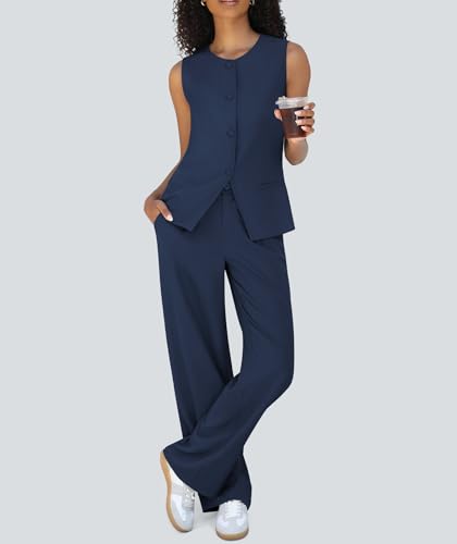 Women's Summer 2 Piece Blazer Outfits Sleeveless Crewneck Vest Wide Leg Pantsuit 2025 Dressy Casual Work Sets