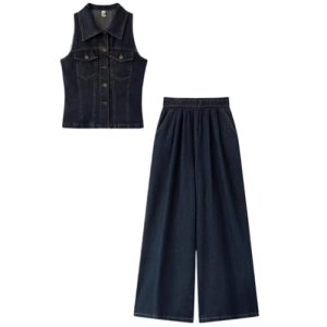 Retro Sleeveless Vest Waist Denim Wide Leg Pants Twopiece Suit for Women