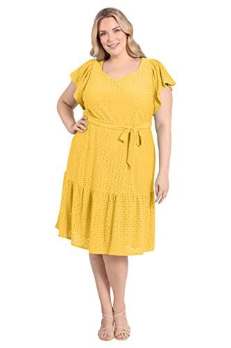 Women's Knit Eyelet Flutter Sleeve Belted Tiered Midi Dress Office Career Garden Party Day Guest of
