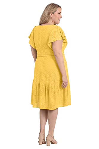 Women's Knit Eyelet Flutter Sleeve Belted Tiered Midi Dress Office Career Garden Party Day Guest of