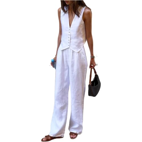 Retro Linen Women Suits Blue Sleeveless Button Vest Tops Wide Leg Pants Sets 2 Pieces Outfits Femme