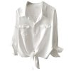 Womens Button Down V Neck Shirts 3/4 Sleeve Tie Front Loose Office Business Shirt Blouse Summer Casual Tops