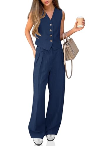 Women's 2 Piece Outfits V Neck Pants Sets Crop Vest Blazer and Wide Leg Suit