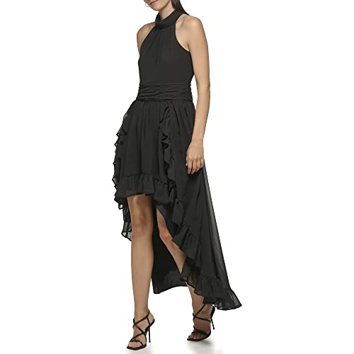 Paris Women's Chiffon High-Low Maxi Dress with Ruffle Skirt and Mock Neck