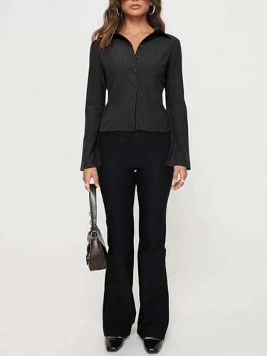 Women??s Button Down Shirts Striped Long Sleeve Collared Casual Work Blouses Tops 2025 Trendy Outfits