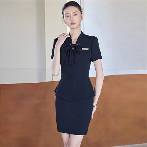 Women's Solid Color Short-Sleeved V-Neck Single-Breasted Bow-Decorated Suit Skirt Two-Piece Suit