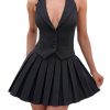 Women's 2 Piece Sets for Women Button Down A-Line V Neck Sleeveless Blazer Vest and Mini Pleated Skirt Set