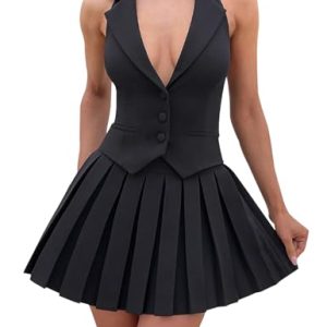 Women's 2 Piece Sets for Women Button Down A-Line V Neck Sleeveless Blazer Vest and Mini Pleated Skirt Set