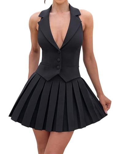 Women's 2 Piece Sets for Women Button Down A-Line V Neck Sleeveless Blazer Vest and Mini Pleated Skirt Set